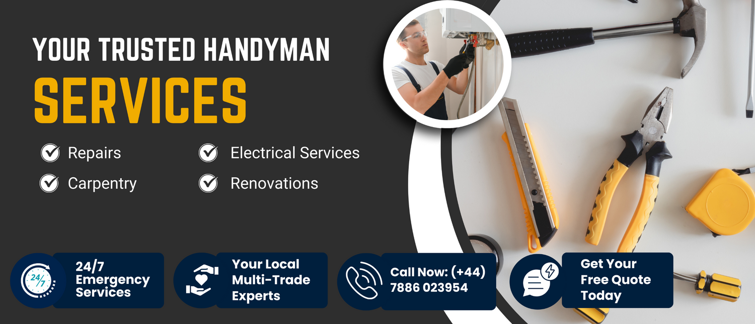 Advertisement for handyman services with tools and contact information on a white background